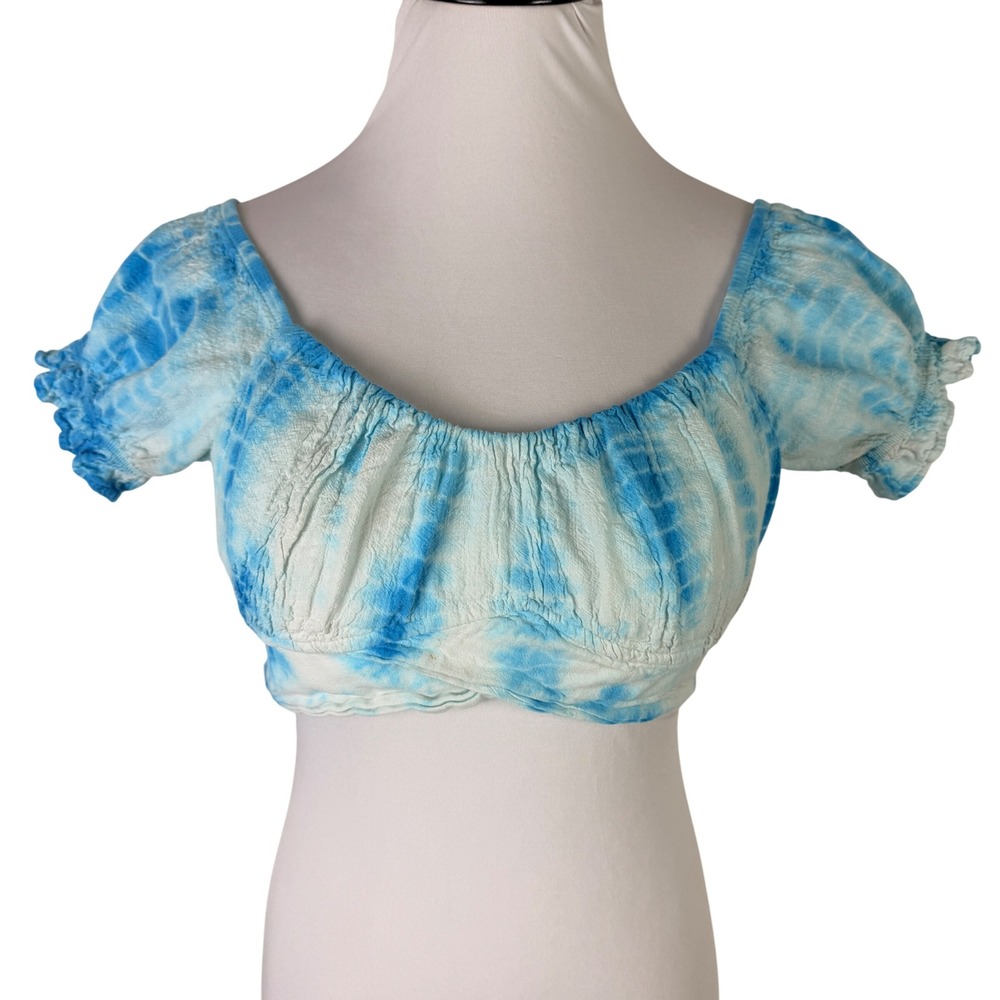 Blanco Women's M Blue White Tie Dye Cotton Gauze Puff Sleeve‎ Tie Back Crop Top